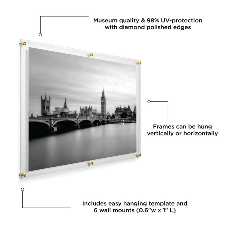 Clear UV-Grade Acrylic Modern Floating Picture Frame - Gold, Gold, 8" W x 10" - 9" W x 12" H