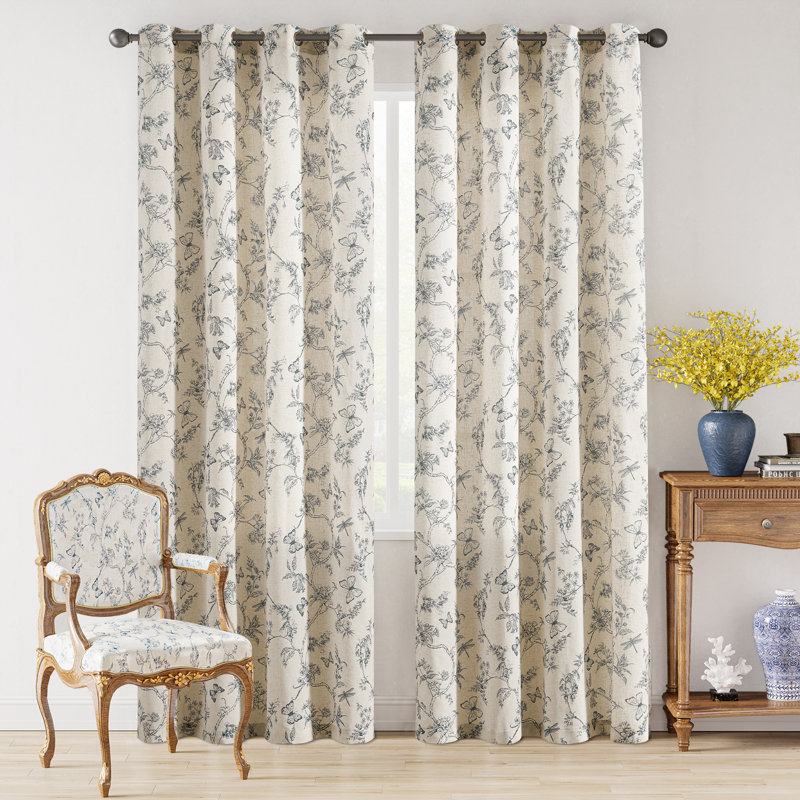 Linen Blend Butterfly Printed Floral Grommet Curtains, 50" W x 84" L