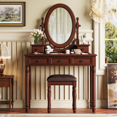 Vanity Desk with Adjustable Angle Mirror, Vintage Vanity Makeup Table and Cushioned Stool Set with Velvet Fabric Lining 5 Drawers,Wooden Dressing Table Set for Bedroom, Walnut