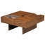  Table basse carrée Mid-Century avec plateau en verre et 3 compartiments de rangement, pieds en bois massif, brun