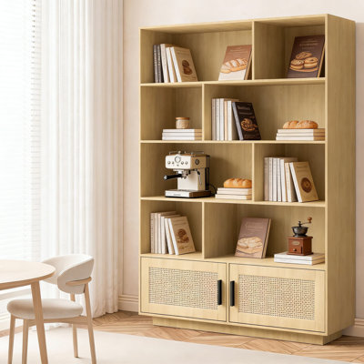Bibliothèque 5 niveaux Boho avec portes en rotin, bibliothèque en bois avec rangement, 4 tablettes ouvertes et 1 compartiment fermé, bibliothèque haute pour salon, chambre à coucher, bureau