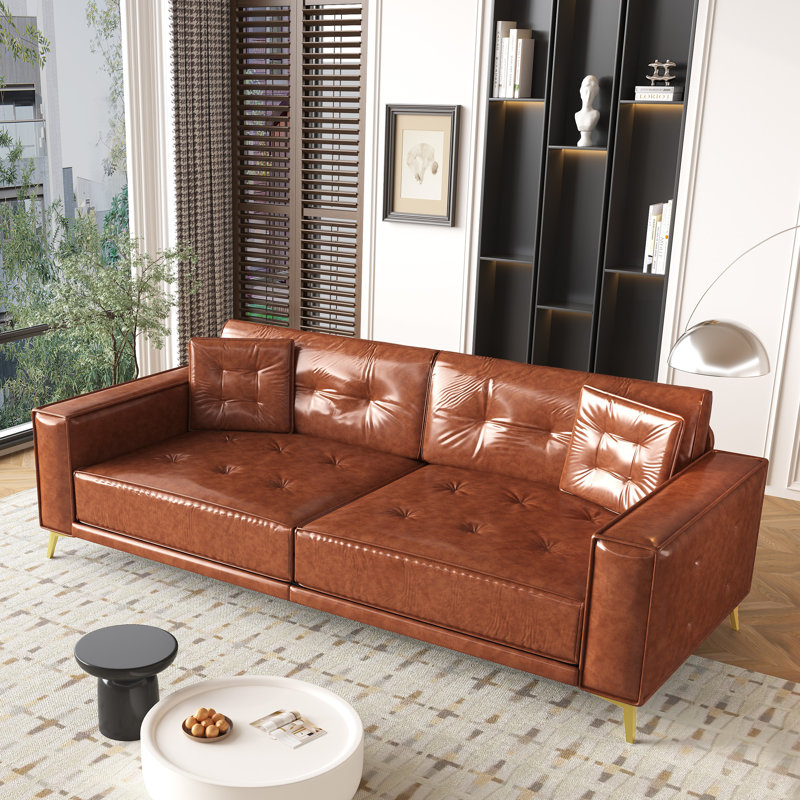 Elysiuma 3-In-1 Faux Leather Pull Out Sofa Bed,92.1" Convertible Sleeper Sofa With Square Arms, Light Brown