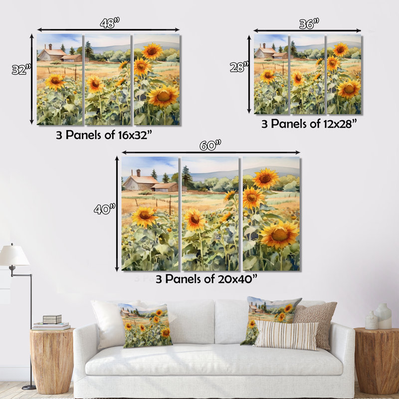 Tournesol doré à la ferme IV sur toile, reproduction de 3 pièces, H 28 po x l 36 po x P 1 po