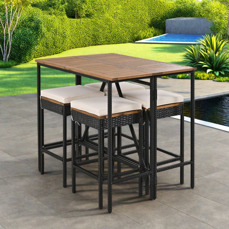 5-piece Outdoor Dining Table Sets Included 1 Foldable Table And Four Stools With Cushions