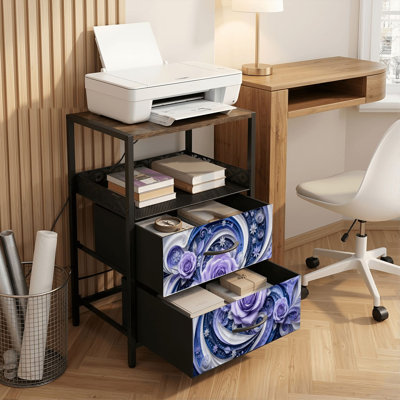 Table de chevet 2 tiroirs avec station de charge, table de chevet pour chambre à coucher avec ports USB, tablette ouverte noire, table de chevet avec imprimé floral tourbillonnant floral mauve élégant