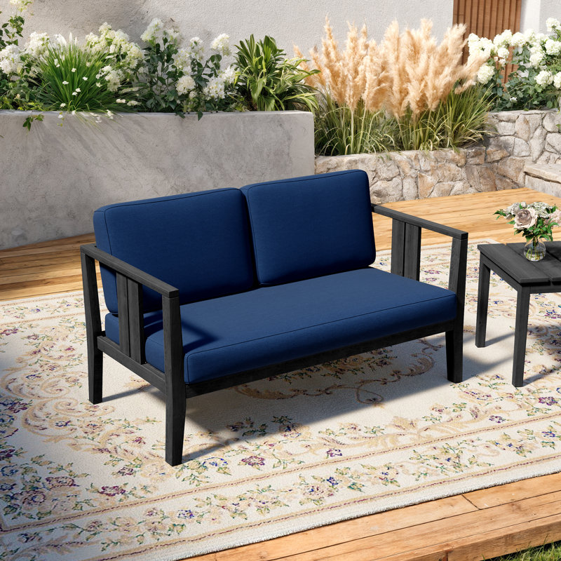 Solid Wood Teak Outdoor Loveseat With Cushion And Arms, Navy, Black