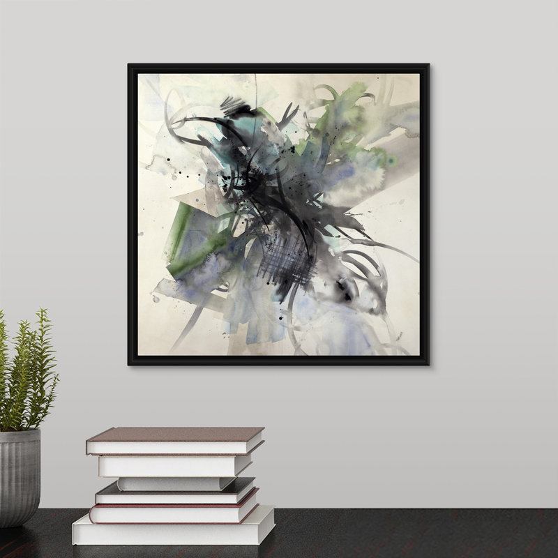 « spring élingue », peinture sur toile, Cadre flottant noir, H 13,7 po x l 13,7 po x P 1,75 po