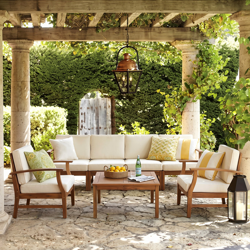 Hulda Acacia Solid Wood 6 - Person Patio Conversation Set with Cushions, Cream
