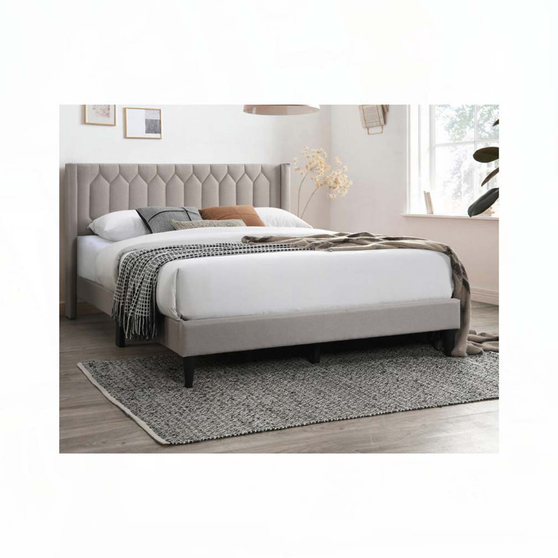 Burlap Fabric Upholstered Bed, Light Brown