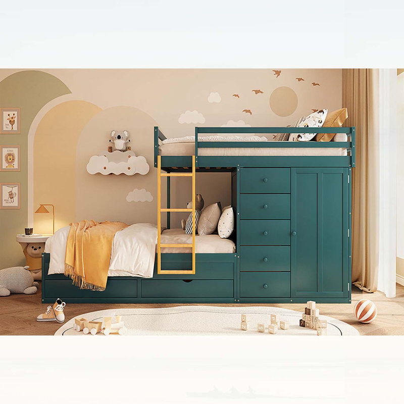 Lit superposé double avec tiroirs multiples et mini garde-robe, panneau de fibres à densité moyenne et bois massif, rangement moderne - vert Morandi