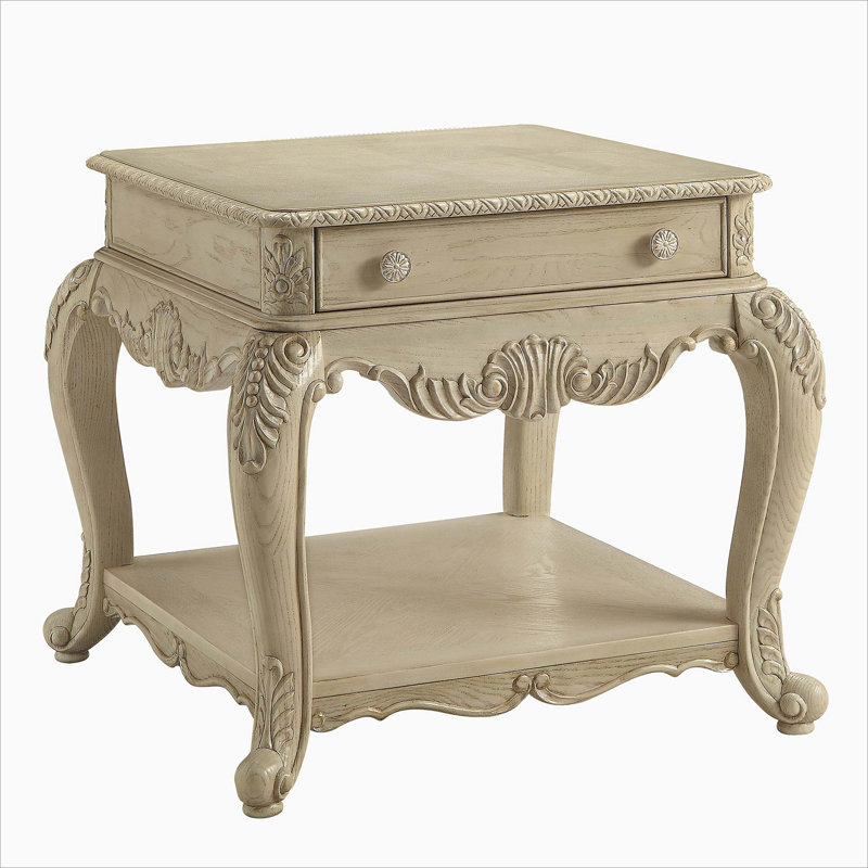 Antique White End Table with Bottom Shelf