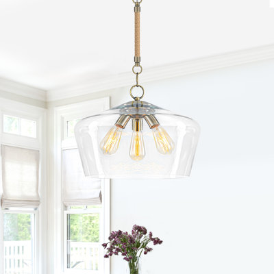 Hemp Rope Industrial Pendant Light - 3-Light, 30''-108'' Adjustable, E26 Sockets, Antique Bronze Frame, Clear Glass Shade