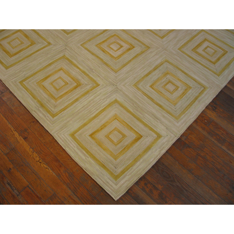 Tapis jaune / beige en laine noué à la main de conception unique 6 pi x 9 pi