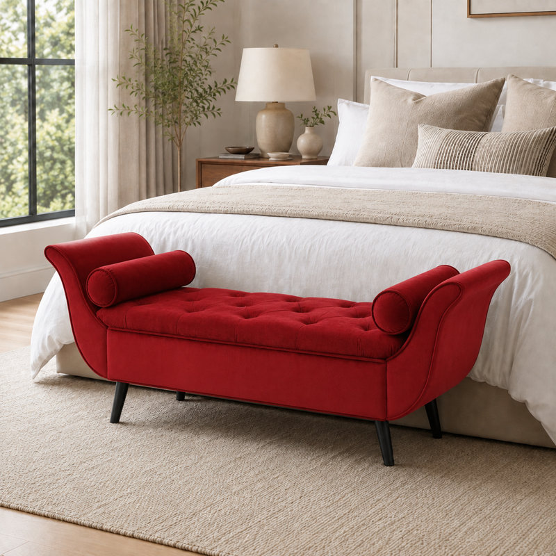 Velvet Upholstered Storage Bench, Red
