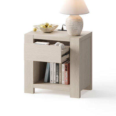 23.6'' 1-Drawer Nightstand With Charging Station, Light Oak