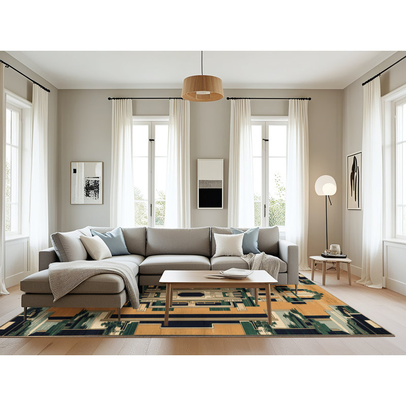 Machine Washable Art Deco Brown Area Rug, Rectangle 8' x 12'