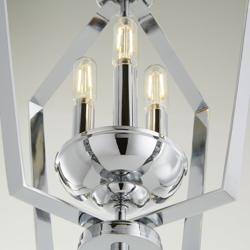 Luminaire suspendu géométrique 3 lumières lanterne Derrico, Chrome