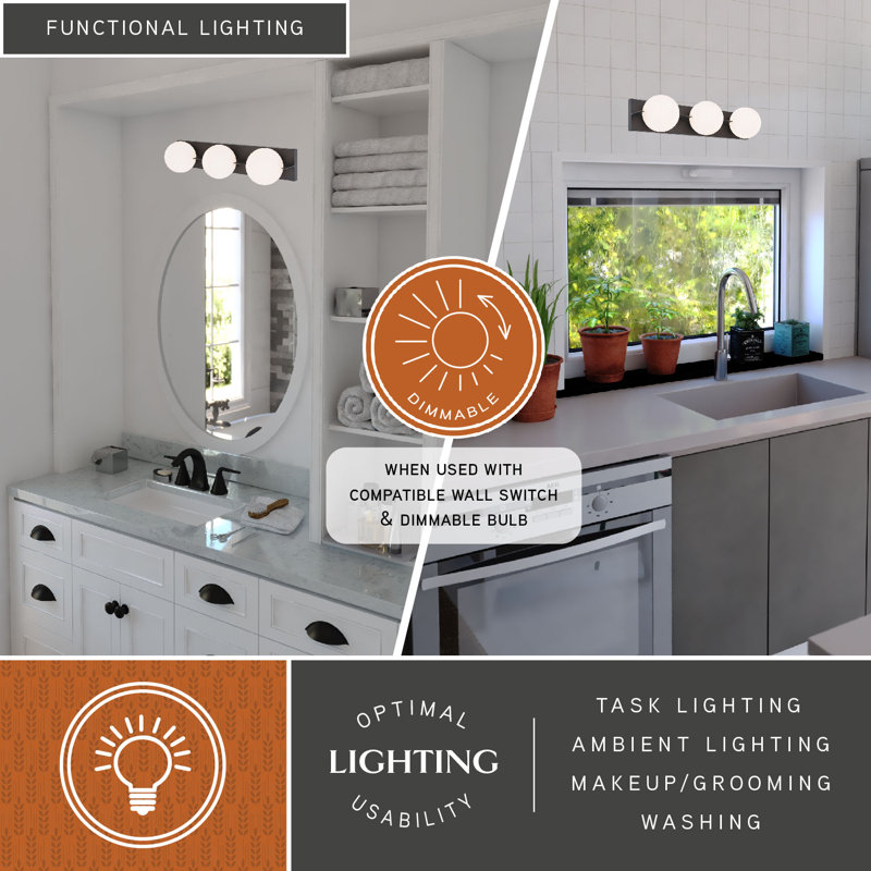 Kristan 3-Light 24 inch Wide Matte Black Mid-Century Modern Bathroom Vanity Lighting Fixture, Frosted Opal Glass Shade, Dimmable LED Compatible, Over the Mirror Wall Mounted Full Backplate