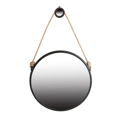 Contemporary 29.5" Round Mirror With Black Framed And Robust Rope For Living Room Iron Long-lasting Bedroom