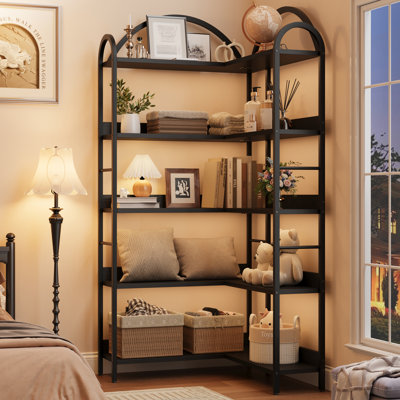 L Shaped Corner Bookshelf, 6-Tier Arched Corner Display Shelf, Black Metal Frame Open Storage Rack, Tall Corner Shelving Unit for Living Room Bedroom Home Office