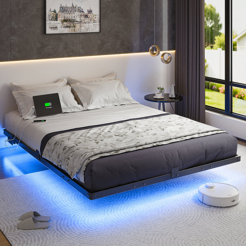 Lit flottant avec lumières DEL et chargement USB, aucun sommier nécessaire, Grand lit