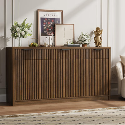 55" Kitchen Cabinet with Storage, Modern Walnut Buffet Cabinet | Fluted Wood Coffee Bar with 3 drawers and 4 doors, Credenza Buffet Table Sideboard for Living Room Kitchen, Adjustable Shelf