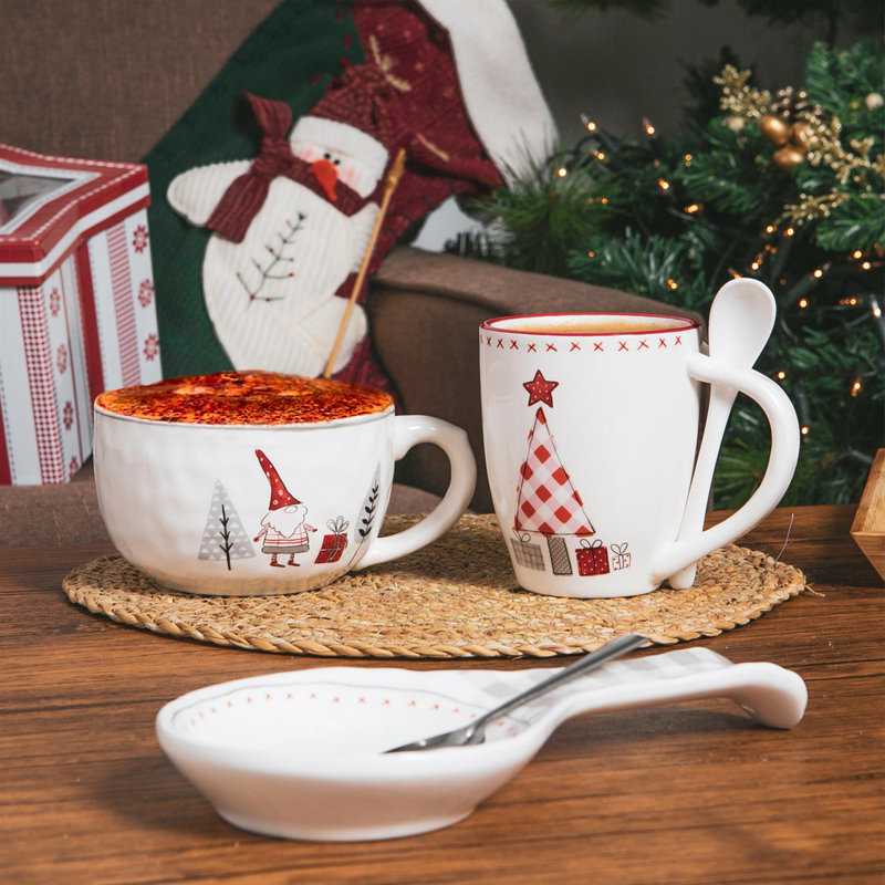 Nicola Spring - Patchwork Christmas Cappuccino Cups - 500ml - White, 2