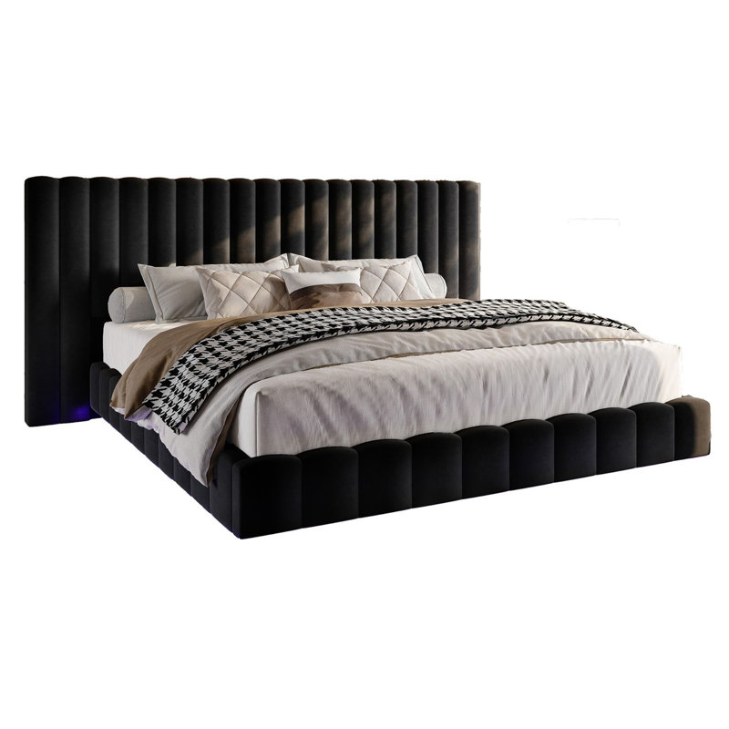 Upholstered Bed Frame | Oversized Headboard | Floating Design | RGB LED Lights | Modern Style, King, Black