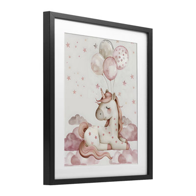 Pink Unicorn with Balloons Framed Print Under Glass, design by LSR Design Studio