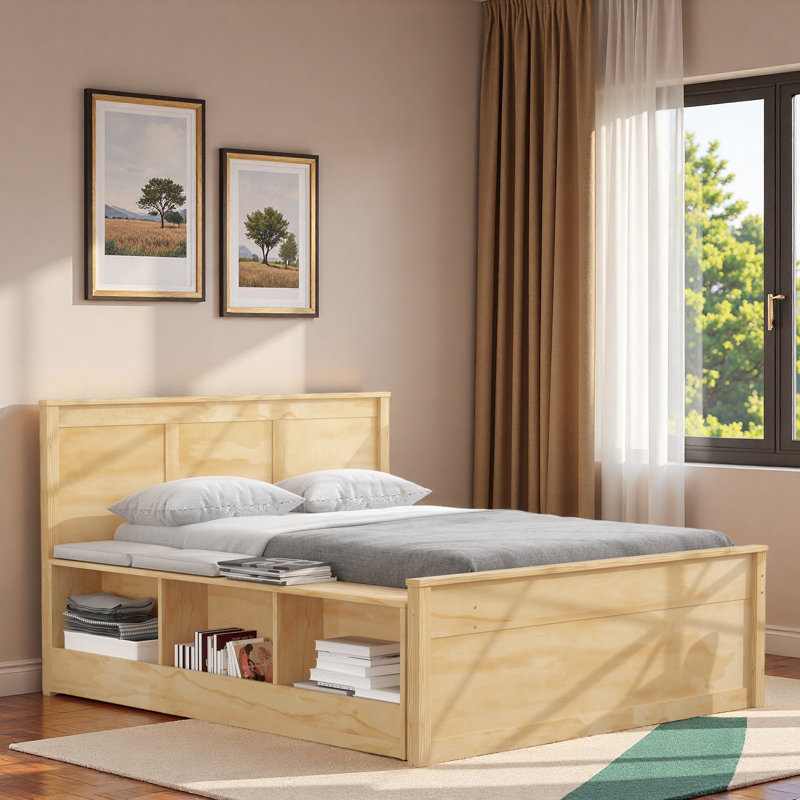 Lit plateforme en bois avec lit gigogne escamotable et compartiments de rangement latéraux, Naturel, Lit double