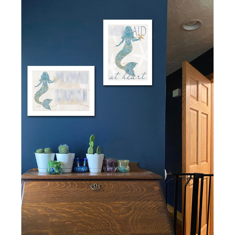 «Two Mermaids» 2 By. Prêt à accrocher, art encadré. Papier multicolore pour mur, 35 po x 1 po x 19 po, 6 lb, cadre blanc, reproduction d'art décoratif mural.