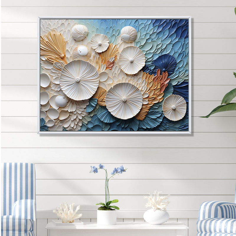 Coastal Seashell Tranquility I - Seashell Canvas Wall Art, White Floater Framed, 34" H x 44" W x 1.5" D