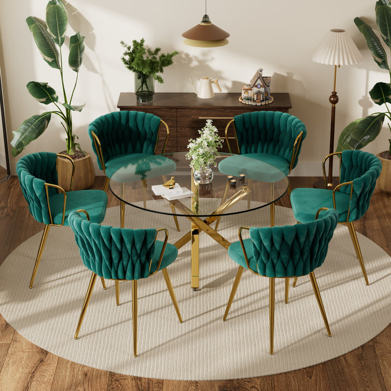 47in Glass Top Pedestal Dining Set, Beige, 7 Pieces: Table, 6 Chairs, Gold