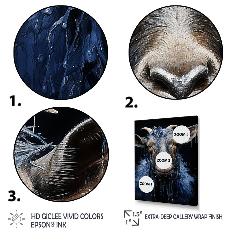 «Blue Celestial Goat Portrait» - art mural animal de chèvre, Cadre flottant noir, H 44 po x l 34 po