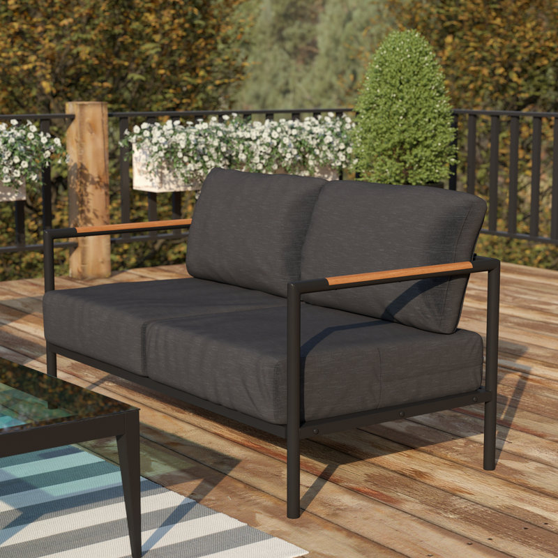 Annegriet Aluminum Frame Loveseat with Teak Arm Accents and Plush Cushions, Charcoal