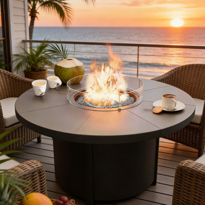 48" Round Propane Fire Pit,Steel Tabletop Fire Pit,40000 BTU Auto-Ignition Gas Fire Pits With Lid & Windproof Glass For Outdoor,Patio,Backyard