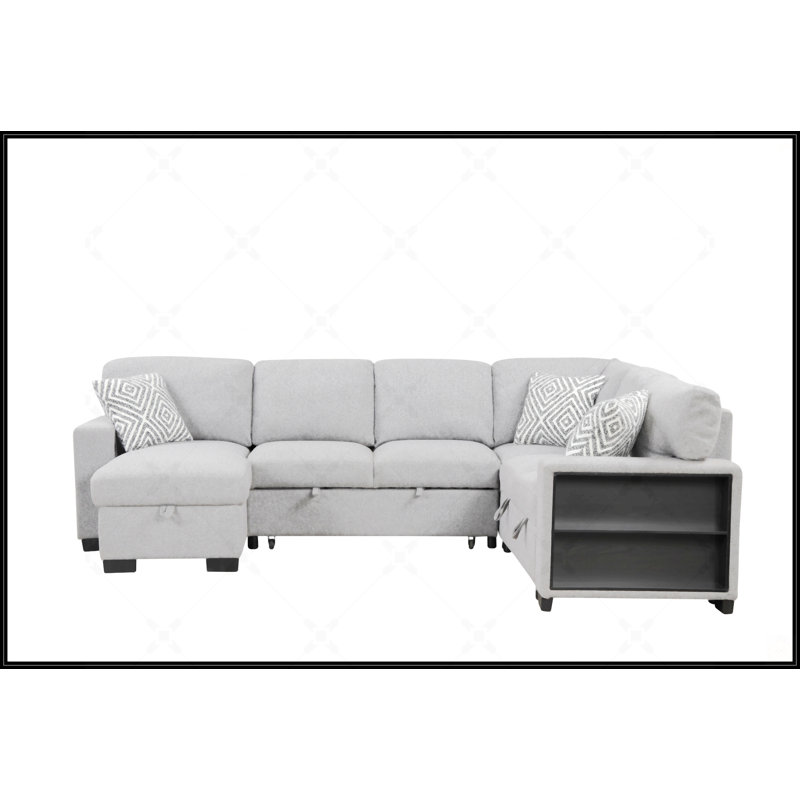 Cairo Modern Style Sectional With Pullout Sleeper, Storage, Bookcases, And USB In Gray