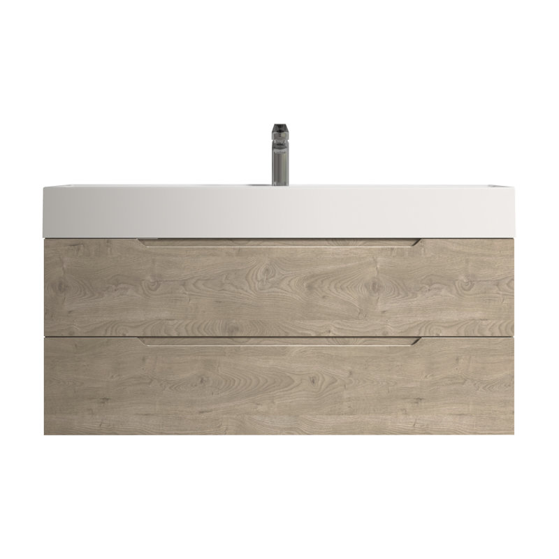 Ensemble de meuble-lavabo mural 48 po avec plateau en pierre blanche et 2 tiroirs modernes pour petite salle de bain, 48"