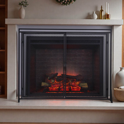 2-Door Iron Metallic Finish Fireplace Screen with Metal Grid, Single Panel Black Fireplace Cover with Sleek Handles