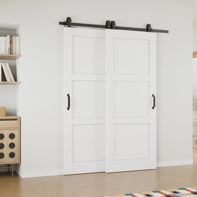 56" x 80" Height 3-Paneled White Primed Solid Core Sliding Bypass Barn Door Double Doors with Hardware Kit