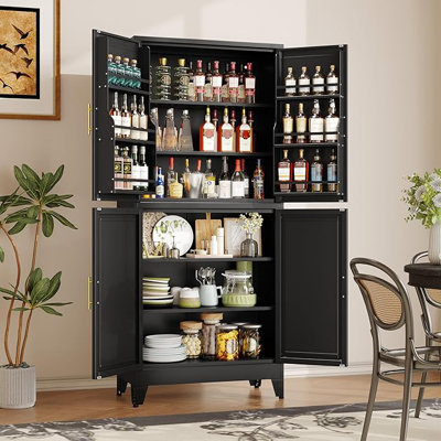 74.8" Tall Metal Food Cabinet, Black Kitchen Pantry Cabinet, Storage Cabinets with 4 Door and 4 Adjustable Shelves, Steel Freestanding Cupboard for Kitchen Dining Room Living Room Bathroom