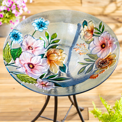 Farmhouse Flowers Glass Birdbath, 18in