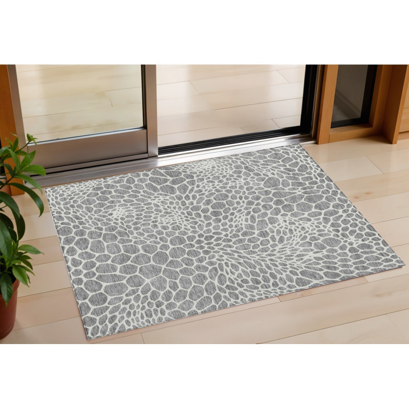 Tapis extérieur lavable à motif géométrique gris et ivoire 3 pi x 5 pi