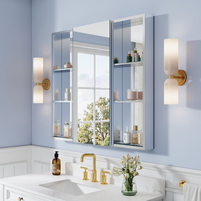 40''W X 36''H Recessed or Surface Wall Mounted Aluminum Mirror Medicine Cabinet With Open Shelf Storage Set