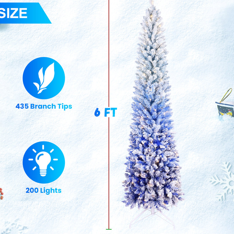 Arbre de Noël enneigé 7 pi avec dégradé bleu, 300 lumières à DEL blanc chaud, 725 pointes, structure à charnière pour arbre de dégradé de décor pour petit bureau, coin de maison réaliste