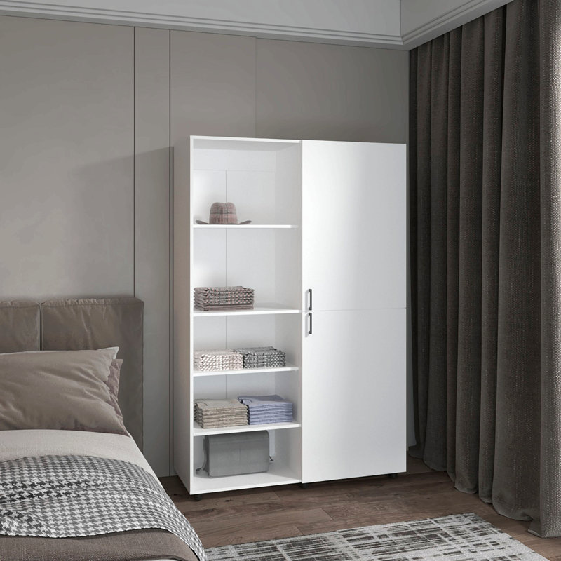 Armoire haute autoportante à deux portes avec tringle et tablettes intérieures, garde-robe compacte pour chambre à coucher