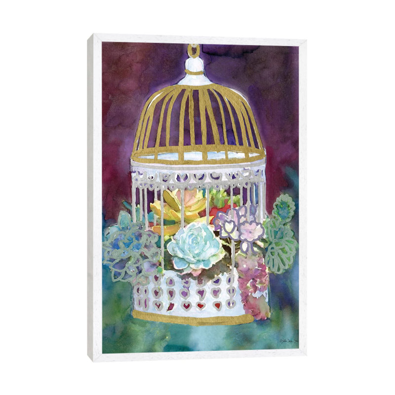 Succulent Bird House - Painting on Canvas, 66.04cm H x 45.72cm W x 3.81cm D, White Floater Framed