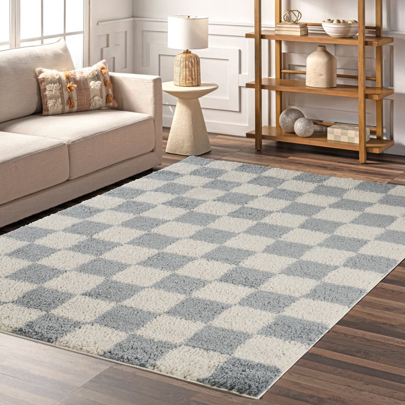 Chester Living Room Shaggy Area Rug Modern - Contemporary Checkered Design 30Mm Plush Pile Jute Backing Soft Woven Carpet -Hallway Indoor Rug, Duck Egg Blue