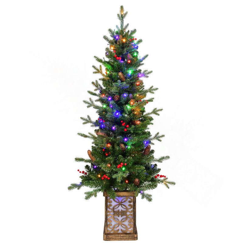 Arbre de Noël vert 4 pi avec base scintillante - 100 lumières DEL multicolores, 396 pointes, baies rouges et pommes de pin, branches pleines en PE / PVC, pot lumineux festif