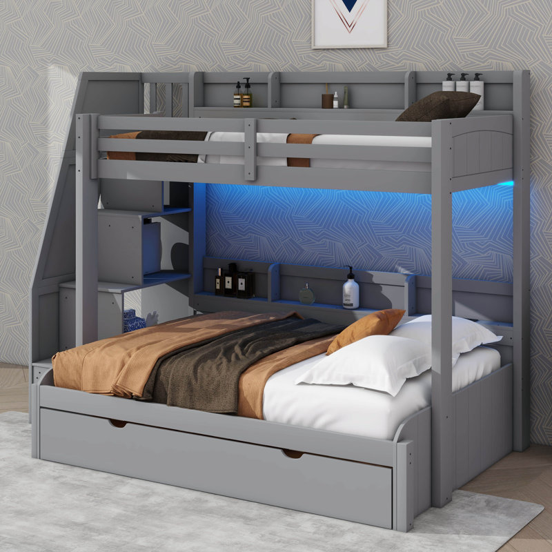 Full Over Twin Bunk Bed With Built-In Storage Staircase, Trundle Bed, Storage Compartments, LED & USB Connectivity, Gray